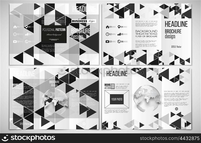 Set of tri-fold brochure design template. Triangular vector pattern. Abstract black triangles on white background. Vector set of tri-fold brochure design template on both sides with world globe element. Triangular vector pattern. Abstract black triangles on white background