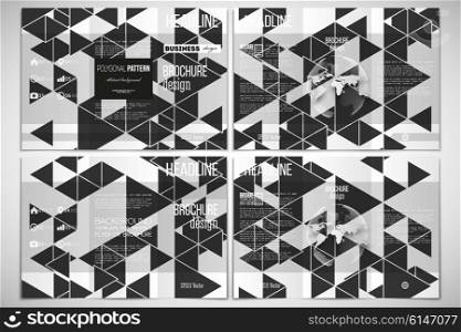 Set of tri-fold brochure design template. Triangular vector pattern. Abstract black triangles on white background. Vector set of tri-fold brochure design template on both sides with world globe element. Triangular vector pattern. Abstract black triangles on white background