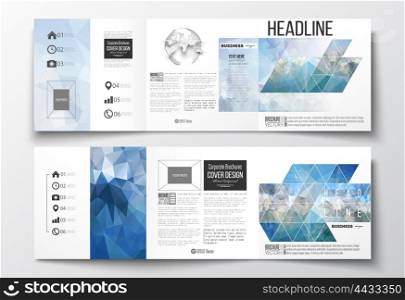 Set of tri-fold brochures, square design templates with element of world globe. Abstract blue polygonal background, colorful backdrop, modern stylish vector texture.