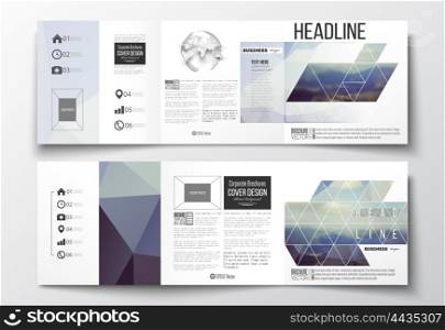Set of tri-fold brochures, square design templates with element of world globe. Colorful polygonal backdrop, blurred background, mountain landscape, modern stylish triangle vector texture.