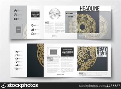 Set of tri-fold brochures, square design templates with element of world globe. Golden microchip pattern on dark background, mandala template with connecting dots and lines.