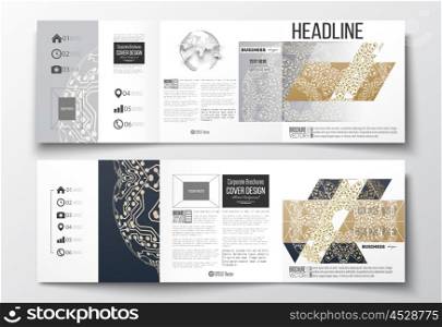 Set of tri-fold brochures, square design templates with element of world globe. Golden microchip pattern, connecting dots and lines, connection structure. Digital scientific background