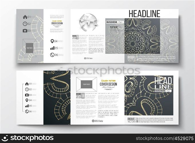 Set of tri-fold brochures, square design templates with element of world globe. Polygonal backdrop with golden connecting dots and lines, connection structure. Digital scientific background