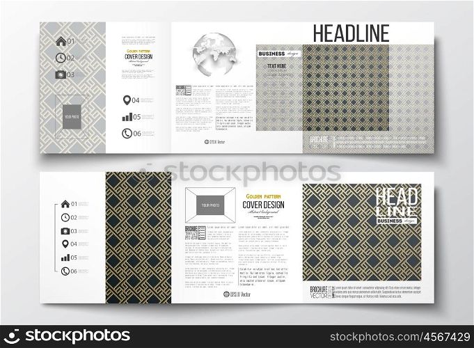 Set of tri-fold brochures, square design templates with element of world globe. Islamic gold pattern with overlapping geometric square shapes forming abstract ornament. Vector stylish golden texture.