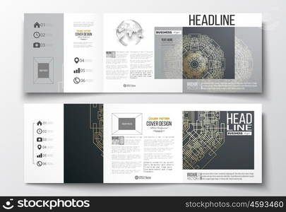 Set of tri-fold brochures, square design templates with element of world globe. Round golden technology pattern on dark background, mandala template with connecting lines and dots.