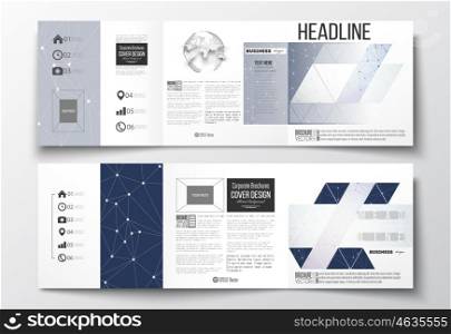 Set of tri-fold brochures, square design templates with element of world globe. Polygonal backdrop with connecting dots and lines, connection structure, blue background. Digital or science vector