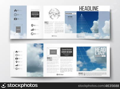 Set of tri-fold brochures, square design templates with element of world globe. Beautiful blue sky, abstract geometric background with white clouds, leaflet cover, business layout, vector illustration