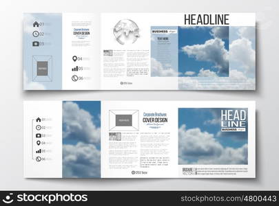 Set of tri-fold brochures, square design templates with element of world globe. Beautiful blue sky, abstract background with white clouds, leaflet cover, business layout, vector illustration