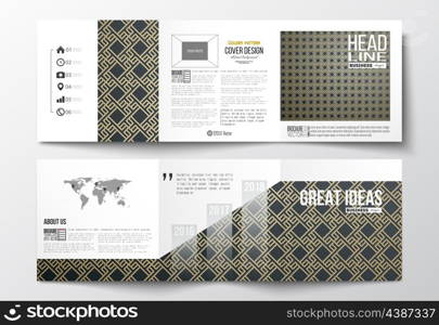 Set of tri-fold brochures, square design templates with element of world map. Islamic gold pattern with overlapping geometric square shapes forming abstract ornament. Vector golden texture on black.