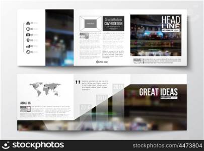 Set of tri-fold brochures, square design templates with element of world map. Leaflet cover, abstract geometric background, business layout.