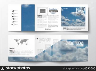 Set of tri-fold brochures, square design templates with element of world map. Beautiful blue sky, abstract background with white clouds, leaflet cover, business layout, vector illustration.