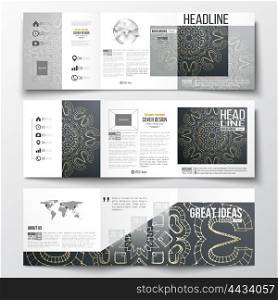 Set of tri-fold brochures, square design templates with element of world map and globe. Polygonal backdrop with golden connecting dots and lines, connection structure. Digital scientific background