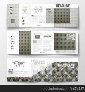 Set of tri-fold brochures, square design templates with element of world map and globe. Islamic gold pattern with overlapping geometric square shapes forming abstract ornament. Vector golden texture.