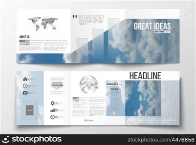 Set of tri-fold brochures, square design templates with element of world map and globe. Beautiful blue sky, abstract background with white clouds, leaflet cover, business layout, vector.