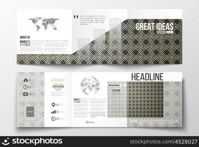 Set of tri-fold brochures, square design templates with element of world map and globe. Islamic gold pattern with overlapping geometric square shapes forming abstract ornament. Vector golden texture.