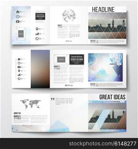 Set of tri-fold brochures, square design templates with element of world map and globe. Abstract colorful polygonal backdrop with blurred image, modern stylish triangular vector texture.