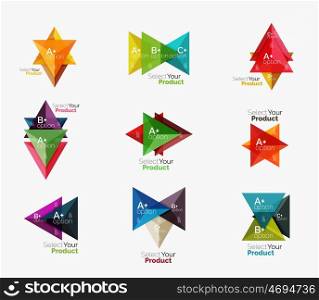Set of triangle geometric business infographic templates. Elements of business brochure, info presentation background and web design navigation. Select your product concept, make a choice idea