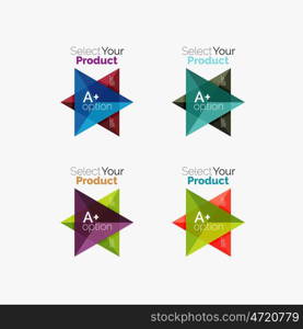 Set of triangle geometric business infographic templates. Elements of business brochure, info presentation background and web design navigation. Select your product concept, make a choice idea