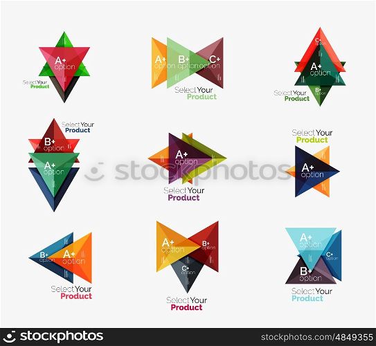 Set of triangle geometric business infographic templates. Elements of business brochure, info presentation background and web design navigation. Select your product concept, make a choice idea