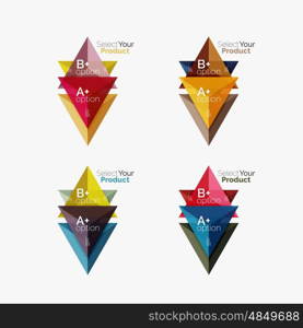 Set of triangle geometric business infographic templates. Elements of business brochure, info presentation background and web design navigation. Select your product concept, make a choice idea