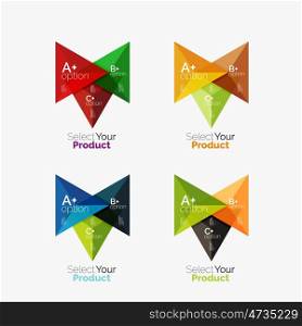 Set of triangle infographic layouts with text and options. Set of triangle layouts with text and options. Elements of business brochure, infographic presentation background and web design navigation template. Select your product concept, make a choice idea