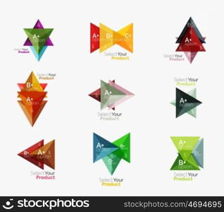 Set of triangle layouts with text and options. Elements of business brochure, infographic presentation background and web design navigation template. Select your product concept, make a choice idea