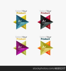 Set of triangle layouts with text and options. Elements of business brochure, infographic presentation background and web design navigation template. Select your product concept, make a choice idea