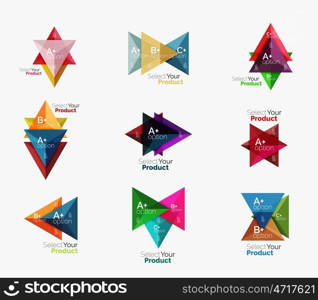 Set of triangle layouts with text and options. Elements of business brochure, infographic presentation background and web design navigation template. Select your product concept, make a choice idea