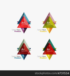 Set of triangle layouts with text and options. Elements of business brochure, infographic presentation background and web design navigation template. Select your product concept, make a choice idea