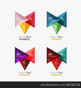 Set of triangle layouts with text and options. Elements of business brochure, infographic presentation background and web design navigation template. Select your product concept, make a choice idea