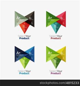 Set of triangle layouts with text and options. Elements of business brochure, infographic presentation background and web design navigation template. Select your product concept, make a choice idea