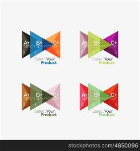 Set of triangle layouts with text and options. Elements of business brochure, infographic presentation background and web design navigation template. Select your product concept, make a choice idea