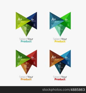 Set of triangle layouts with text and options. Elements of business brochure, infographic presentation background and web design navigation template. Select your product concept, make a choice idea