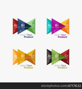 Set of triangle option infographic layouts. Select your product concept, make a choice idea