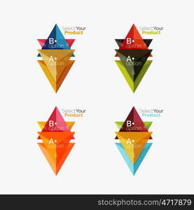 Set of triangle option infographic layouts. Select your product concept, make a choice idea