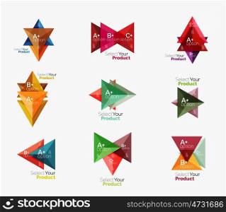 Set of triangle option infographic layouts. Select your product concept, make a choice idea