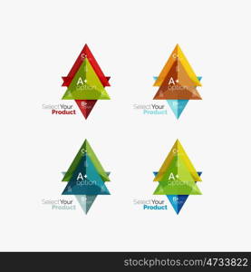 Set of triangle option infographic layouts. Select your product concept, make a choice idea