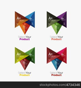 Set of triangle option infographic layouts. Select your product concept, make a choice idea