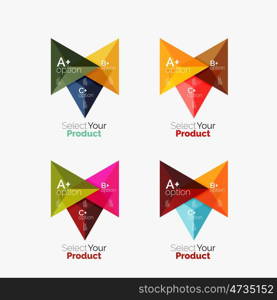 Set of triangle option infographic layouts. Select your product concept, make a choice idea