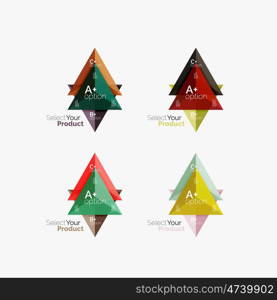 Set of triangle option infographic layouts. Select your product concept, make a choice idea