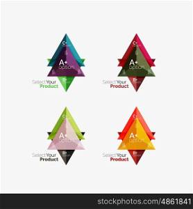 Set of triangle option infographic layouts. Select your product concept, make a choice idea
