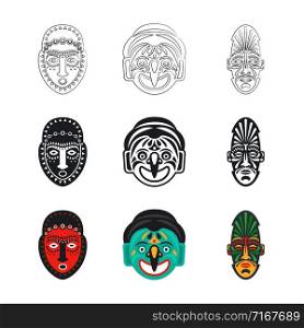 Set of tribal african mask icons isolated on white background. Face mask, african ethnic, tribal africa culture. Vector illustration. Set of tribal african mask icons isolated on white background