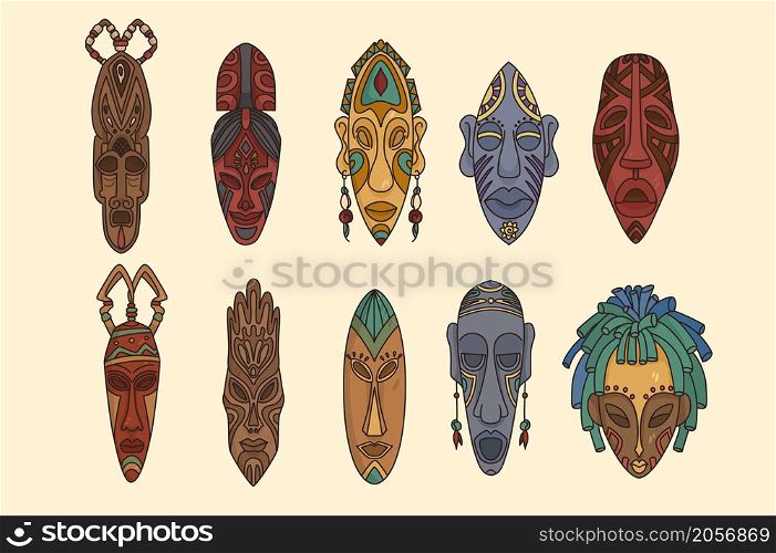 Set of tribal African masks on white background. Collection of colorful ritual facemasks of indigenous people or tribes. Aborigine Africa culture, diversity. Vector illustration, cartoon character. . Set of colorful tribal African people masks