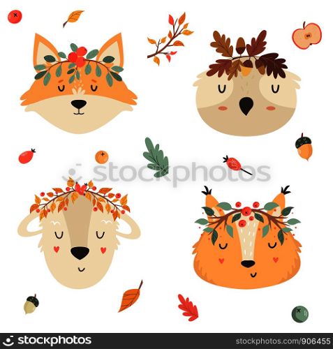 Set of tribal animals in crowns. Squirrel, fox owl, sheep. Woodland kids collection. Character design. Set of tribal animals in crowns. Squirrel, fox owl