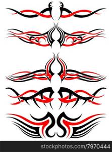 Set of Tribal Indigenous Tattoos in Black and Red Colors. Elegant Smooth Design Over White Background. Vector Illustration.