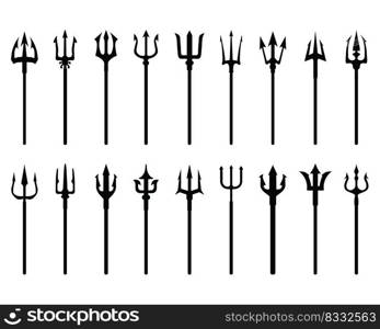 Set of trident, black silhouettes on a white background 