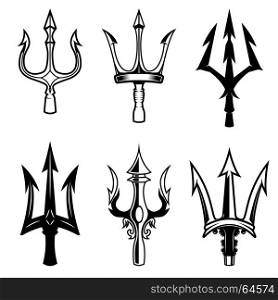 Set of trident icons isolated on white background. Design elements for logo, label, emblem, sign. Vector illustration