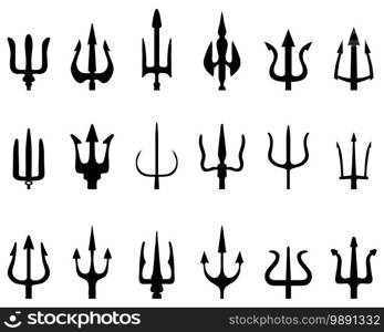 Set of tridents, black silhouettes on a white background