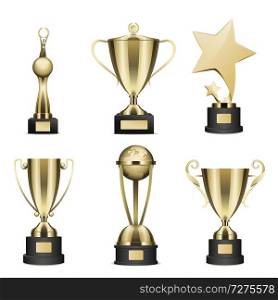 Set of trophy with golden stars, human figure with laurel wreath in hands statuettes and goblets on stand with nameplate realistic isolated vector. Sports prize or business award illustration collection. Golden Trophy Cups Realistic Vector Collection