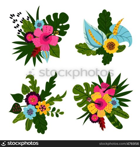 Set of tropical bouquets of flowers and leavesConcept of the jungle for the design of invitations, greeting cards and wallpapers. Set of tropical bouquets of flowers and leaves